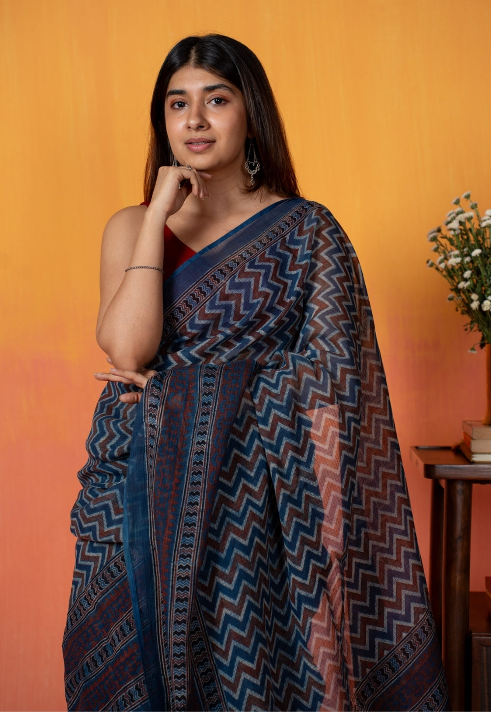 Blue Chevron Ajrakh Hand Block Print Kota Doria Cotton Saree