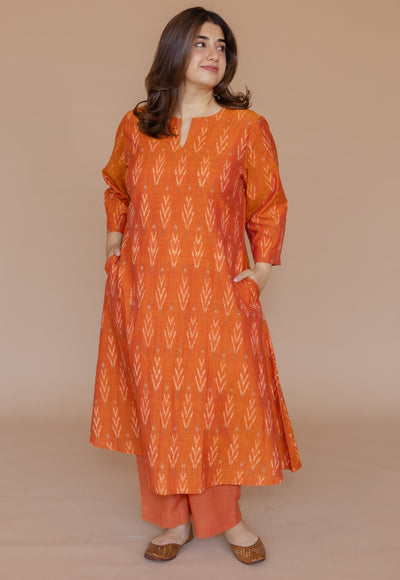 Geet Orange Handloom Ikkat Cotton A Line Kurta