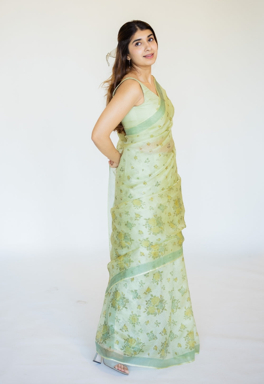 Green Sanganeri Hand Block Print Kota Doria Silk Saree