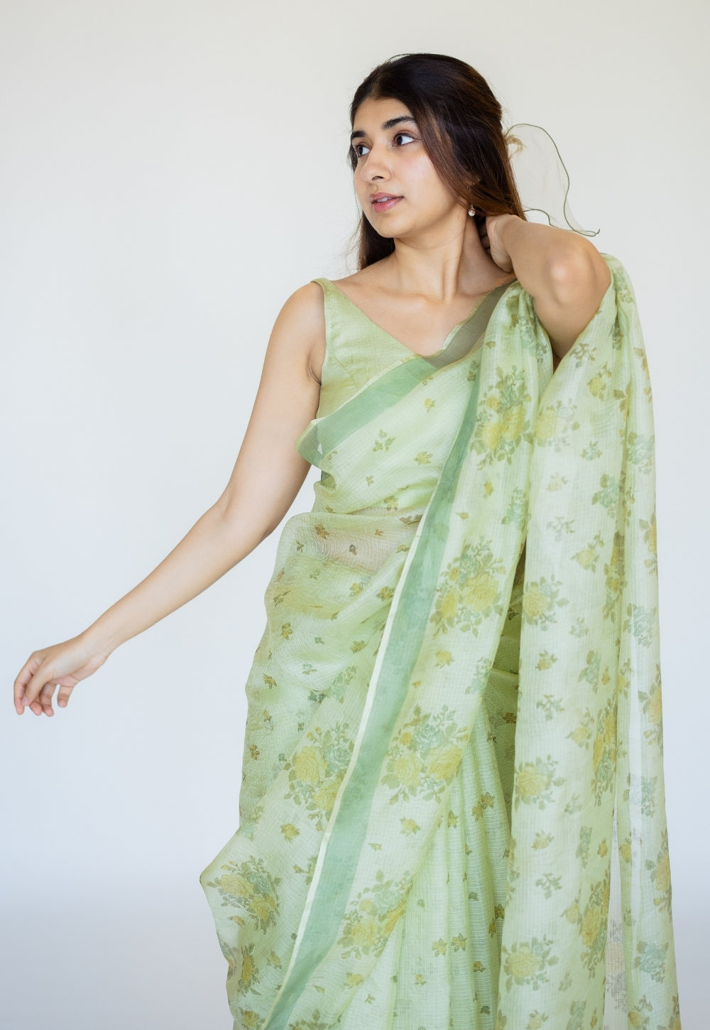 Green Sanganeri Hand Block Print Kota Doria Silk Saree