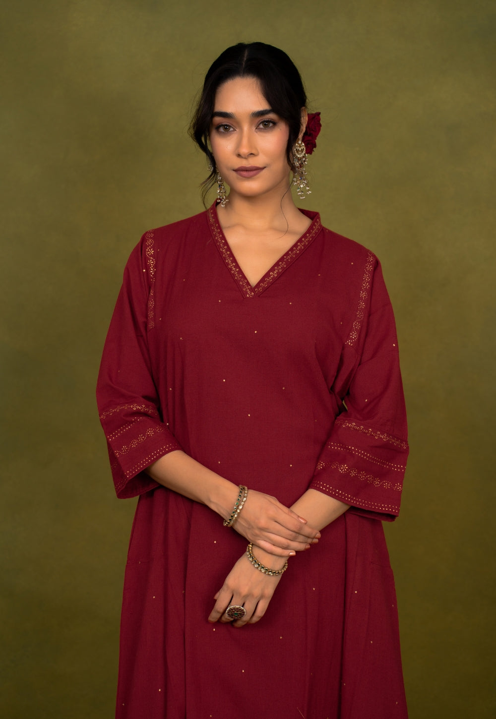 Iqra Red Rogan Handblock Printed Slub Cotton Jhabbha Kali Suit Set (Set of 3)