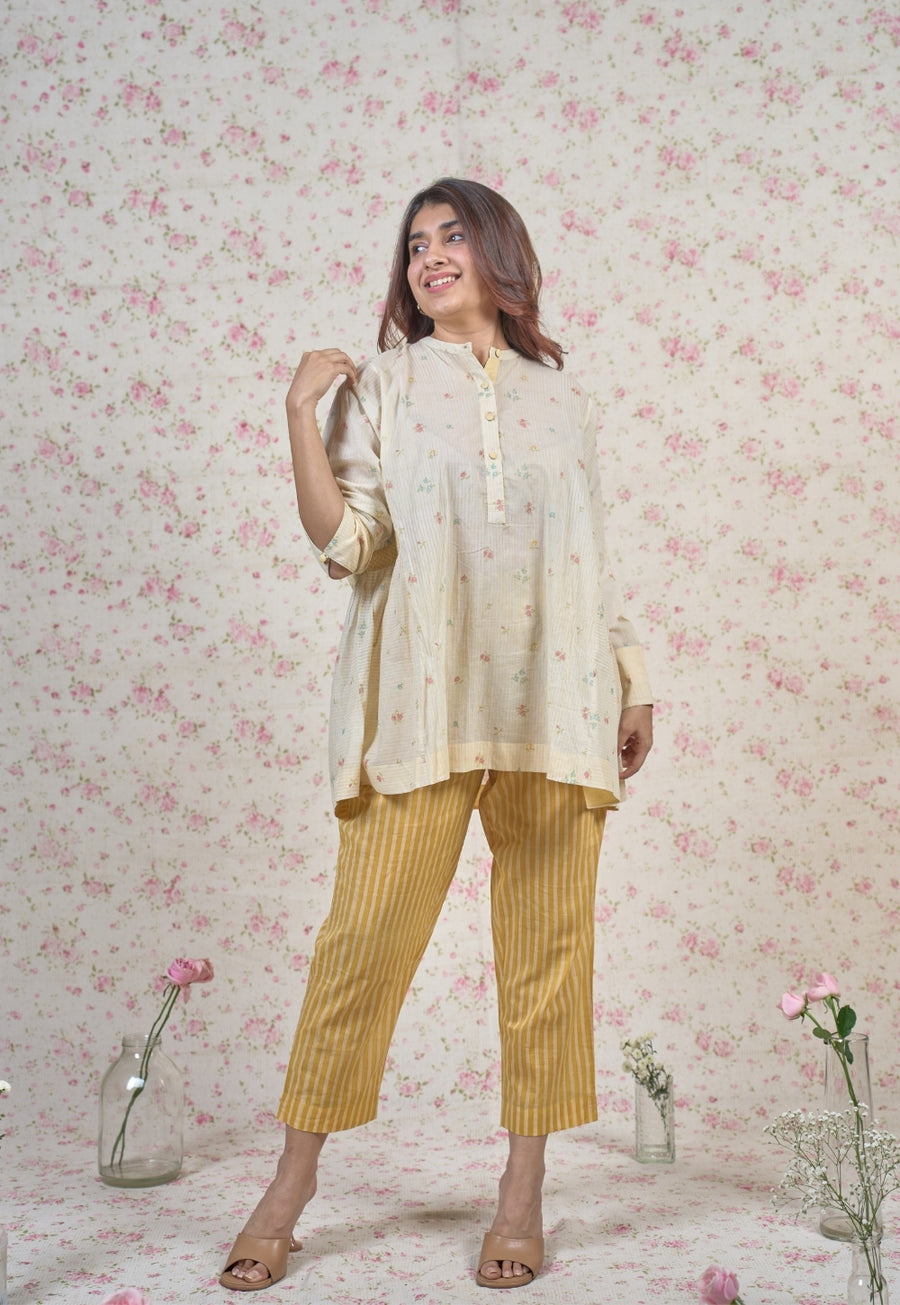 Nancy Yellow Sanganeri Mul Cotton Straight Short Top with Embroidery