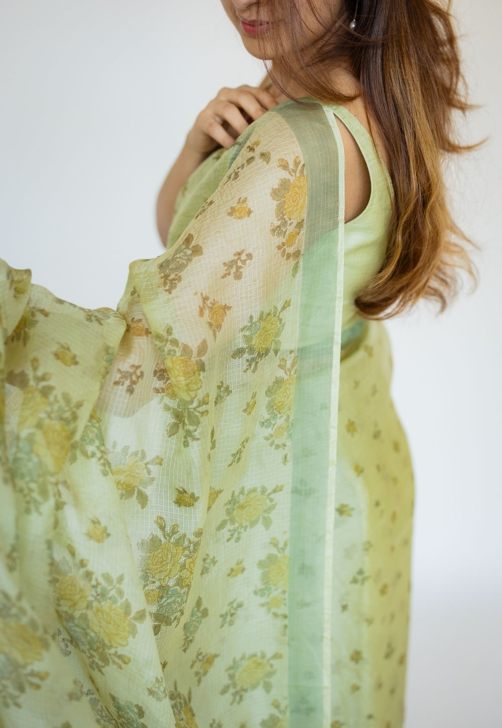 Green Sanganeri Hand Block Print Kota Doria Silk Saree