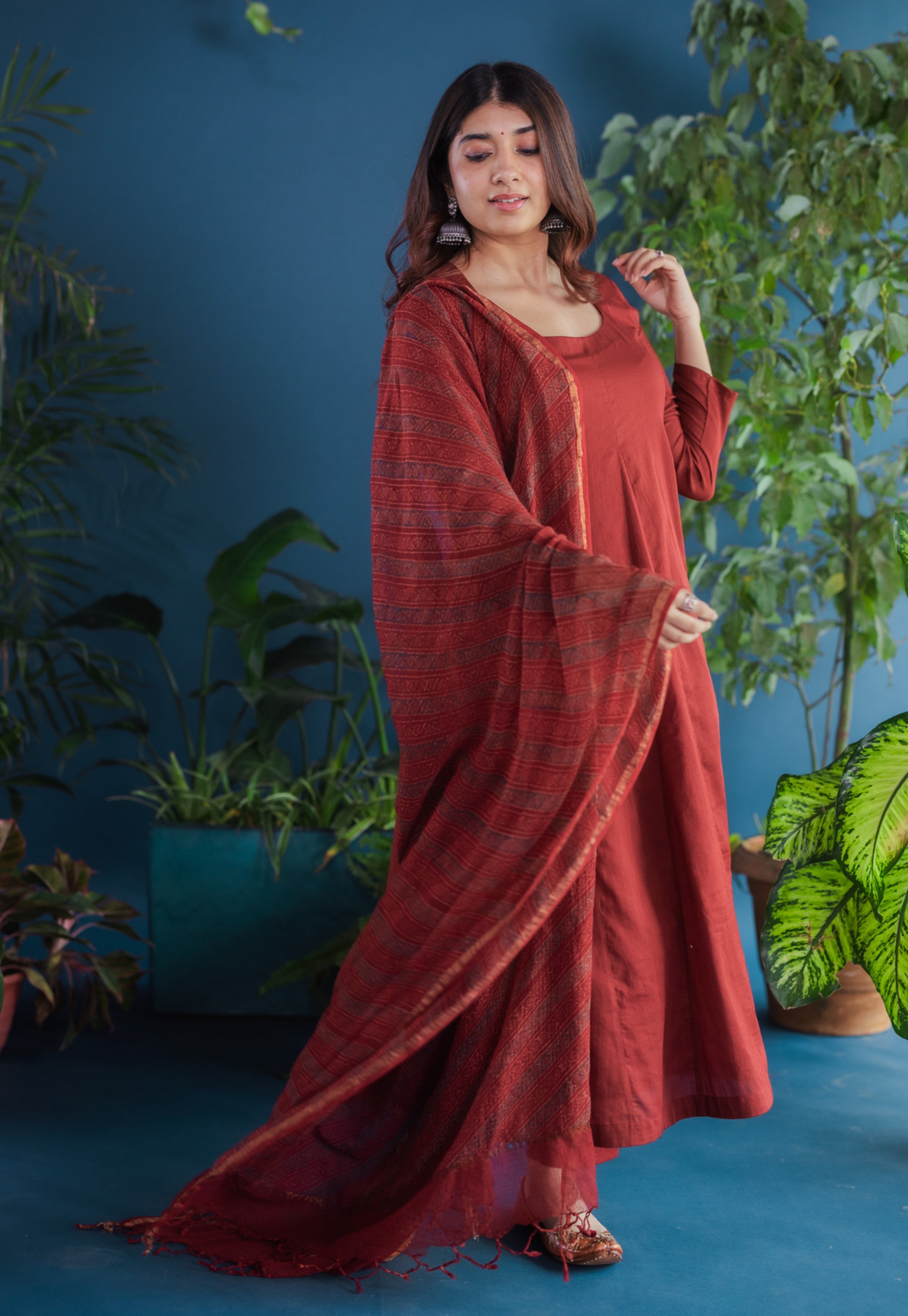 Red Stripes Ajrakh Kota Doria Cotton Dupatta