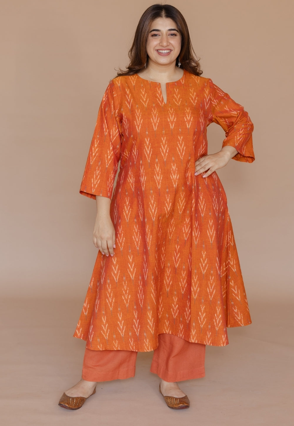 Geet Orange Handloom Ikkat Cotton A Line Kurta Set (Set of 2)