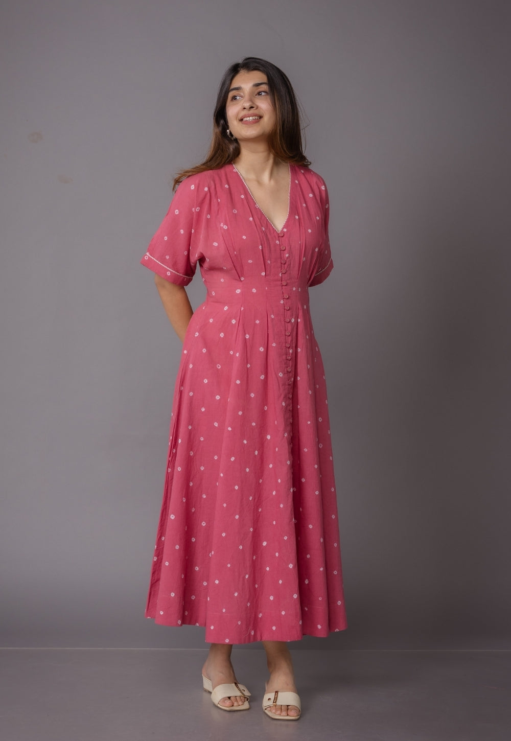 Reema Pink Bandhani Cotton A Line Dress