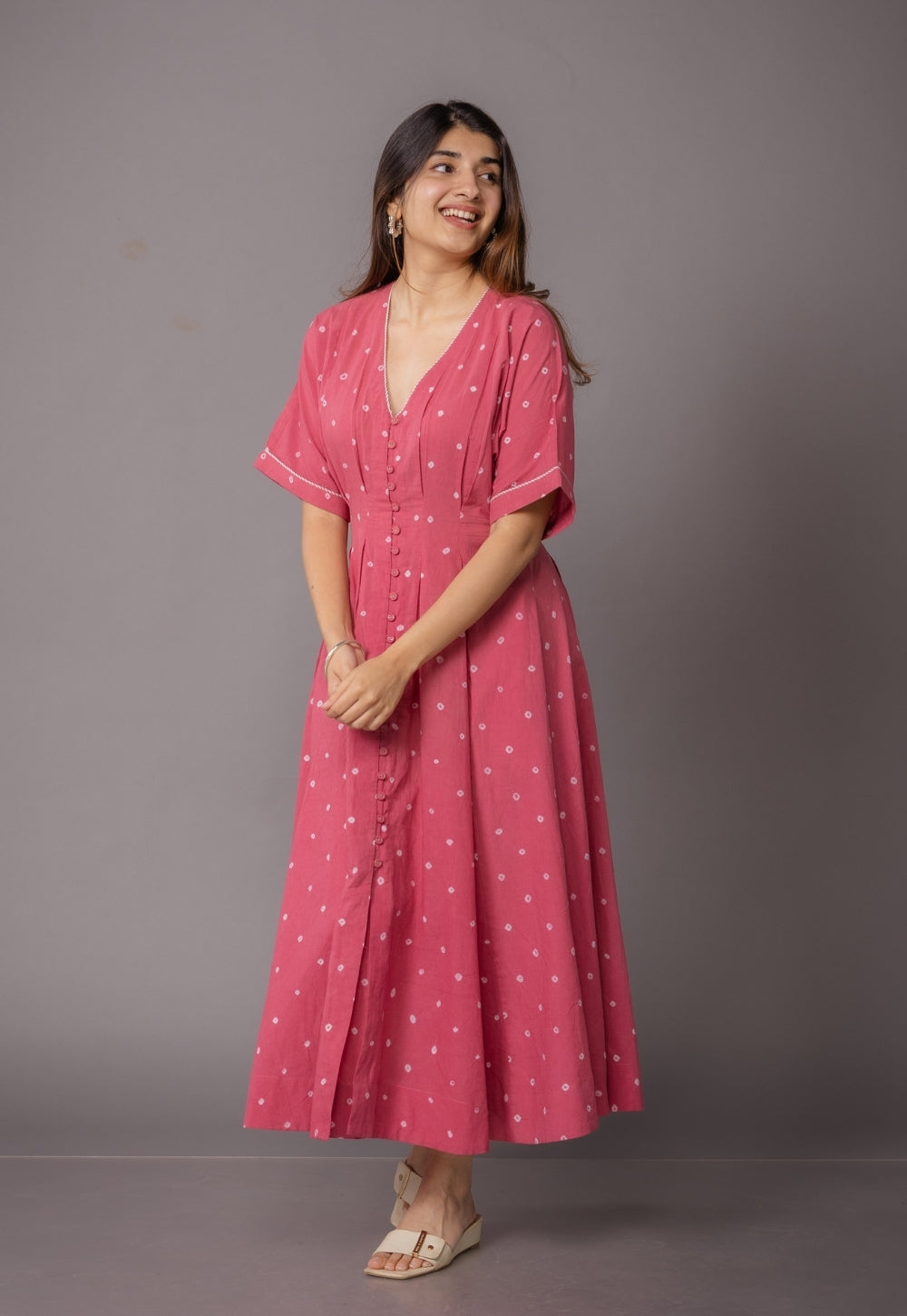 Reema Pink Bandhani Cotton A Line Dress