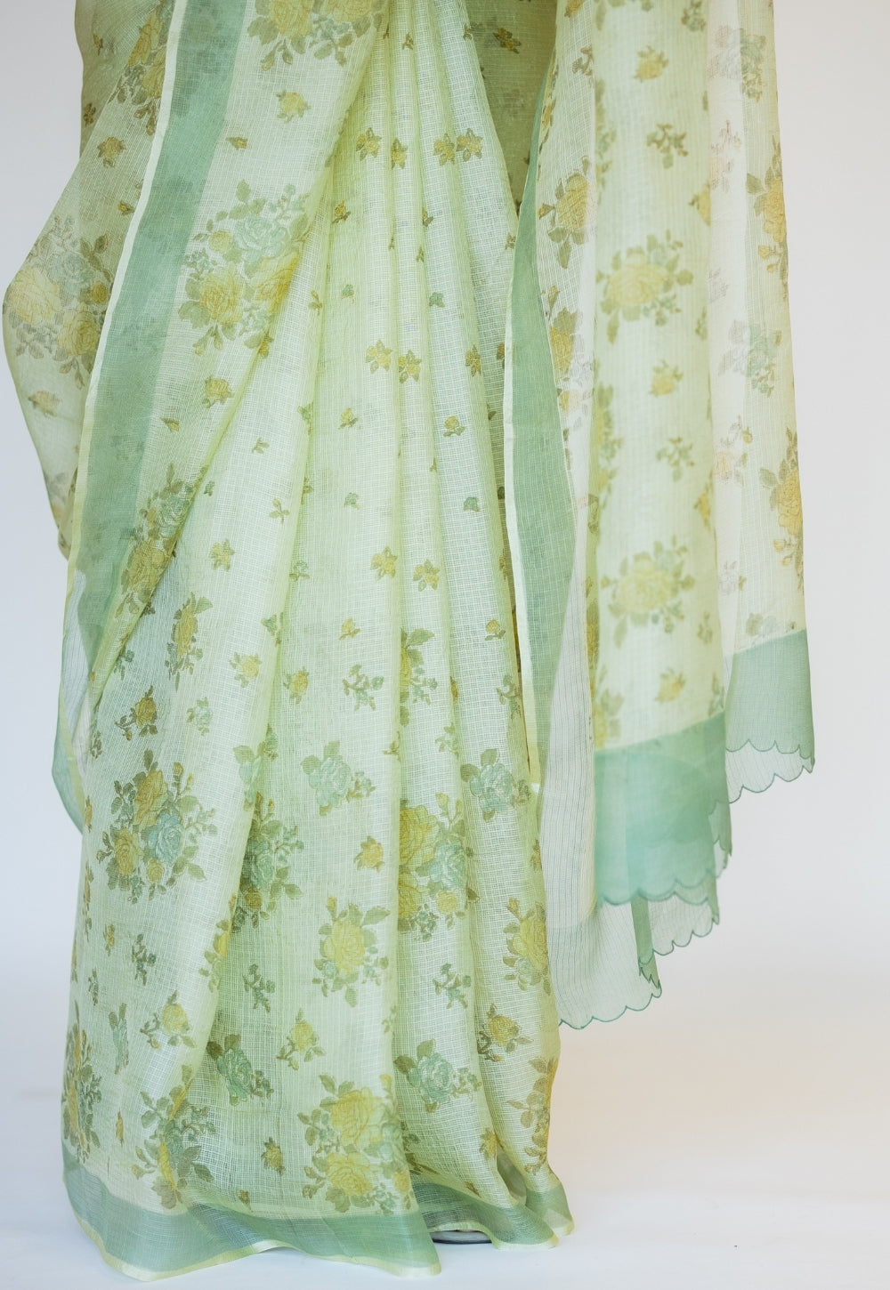 Green Sanganeri Hand Block Print Kota Doria Silk Saree