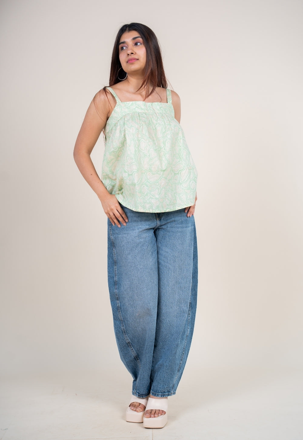 Sumin Mint Green Printed Cotton Straight Short Top