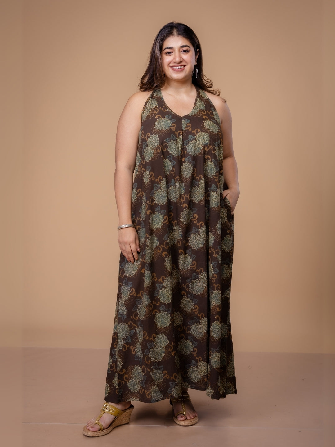 Naimat Brown Ajrakh Cotton A Line Dress
