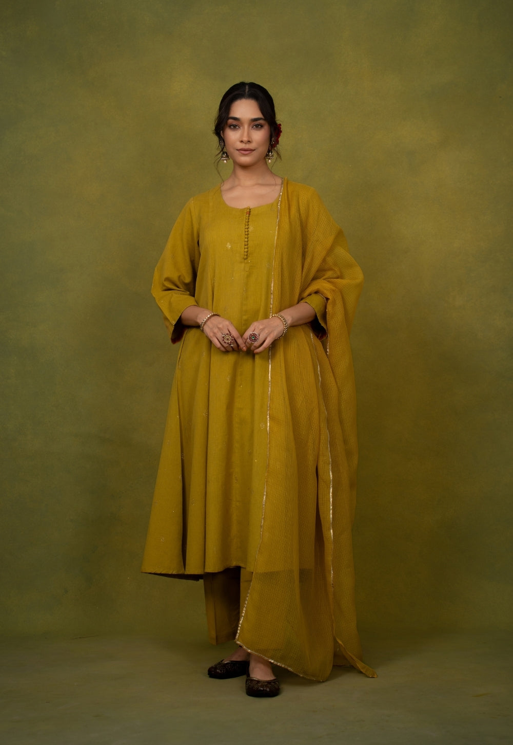 Maryam Yellow Rogan Handblock Printed Cotton Kali Kurta Suit Set (Set of 3)