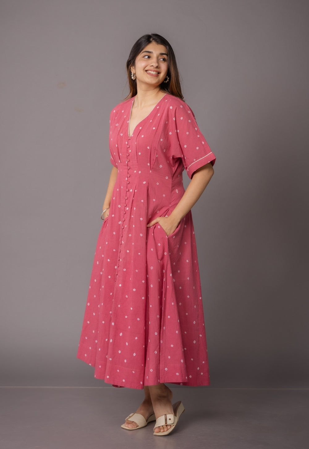 Reema Pink Bandhani Cotton A Line Dress
