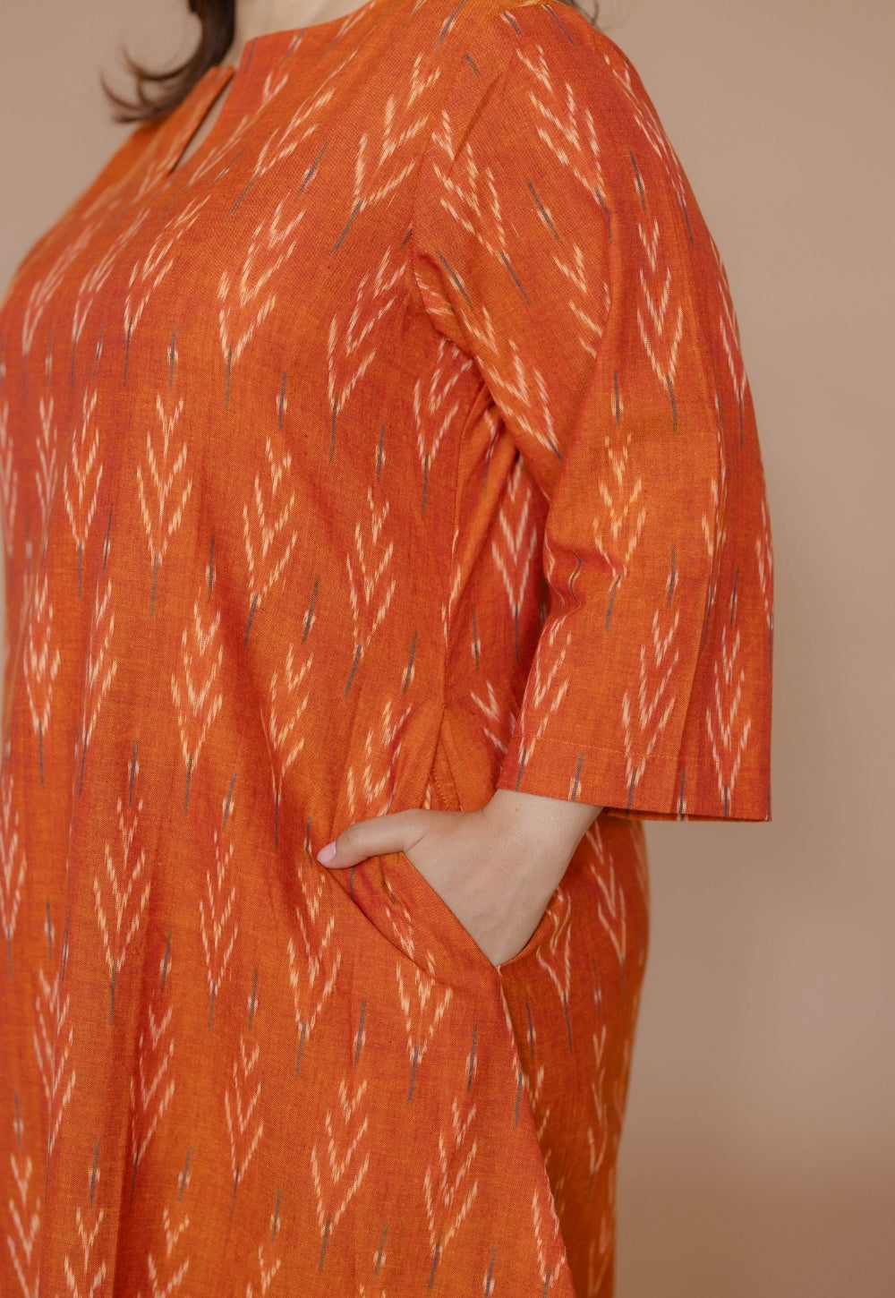 Geet Orange Handloom Ikkat Cotton A Line Kurta Set (Set of 2)