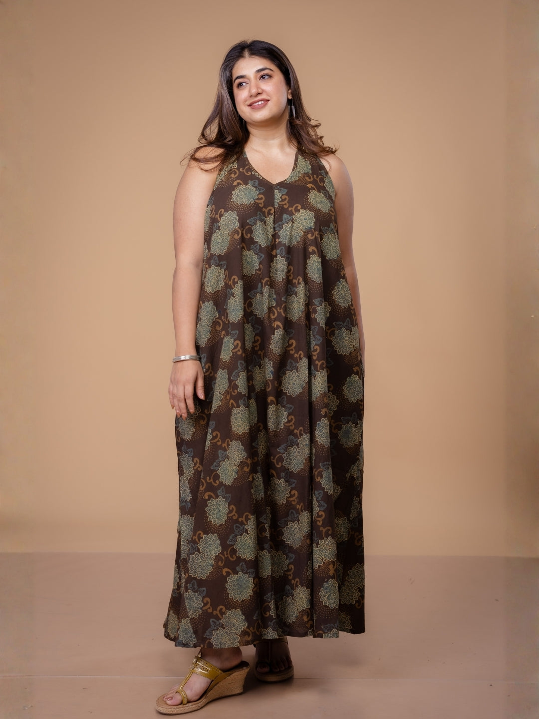 Naimat Brown Ajrakh Cotton A Line Dress