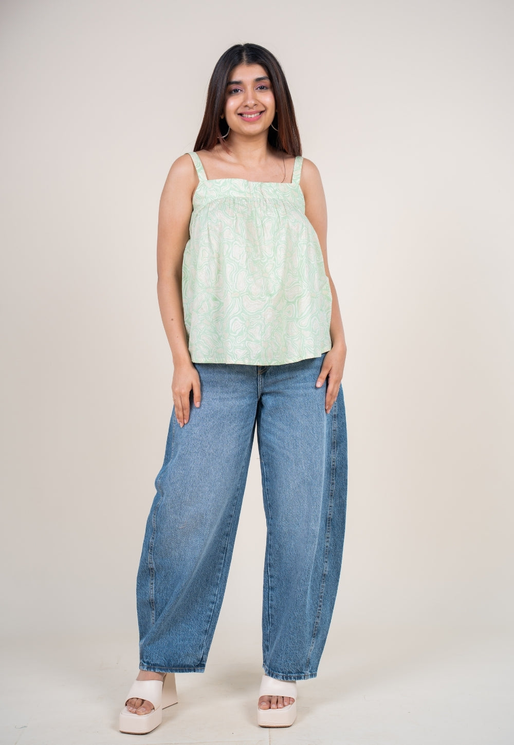 Sumin Mint Green Printed Cotton Straight Short Top