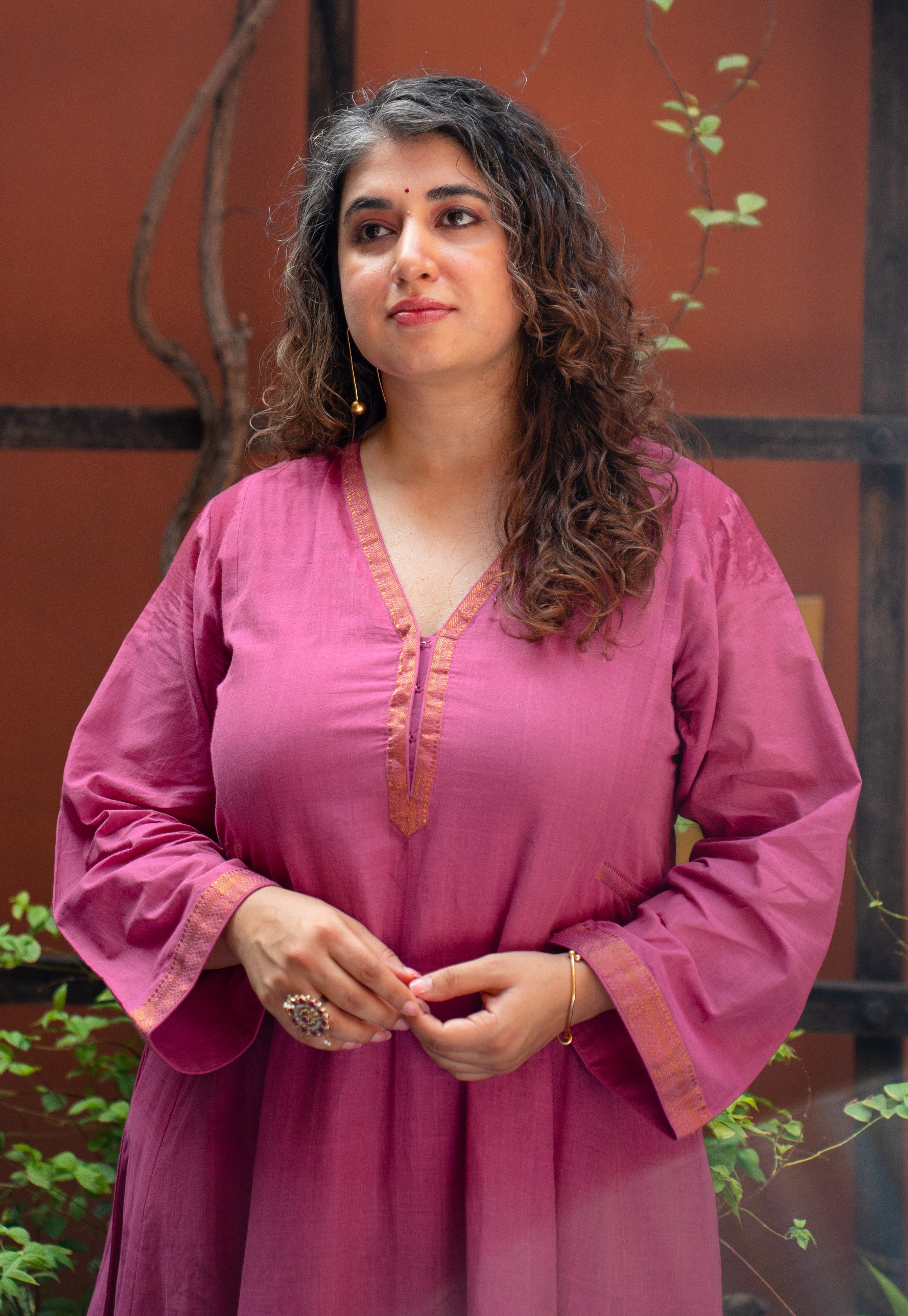 Kalika Pink Mangalgiri Cotton Kali Kurta with Nizam Border