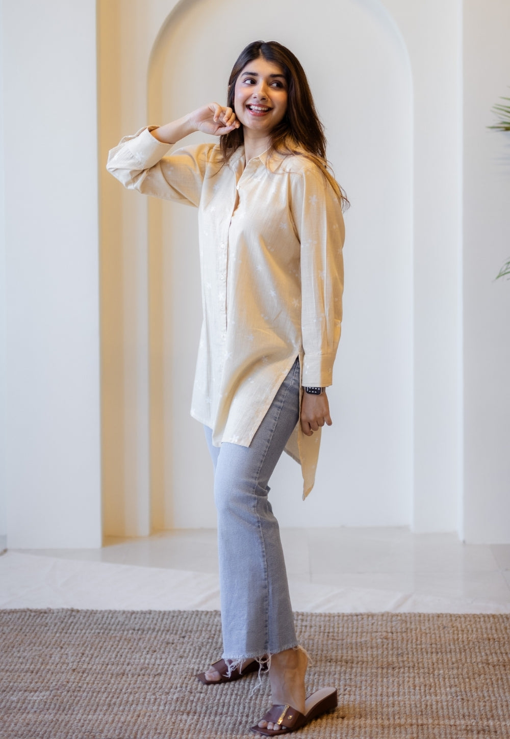 Meera Beige Hand Block Print Slub Cotton A Line Short Top