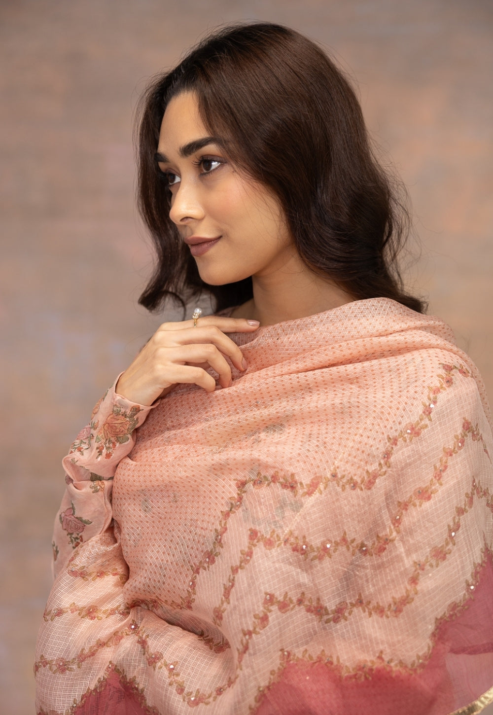 Rozhira Pink Sanganeri Chanderi Silk A Line Kurta with Hand Embroidery