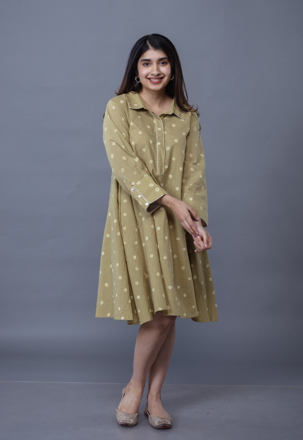 Srisha Green Bandhani Cotton A Line Dress