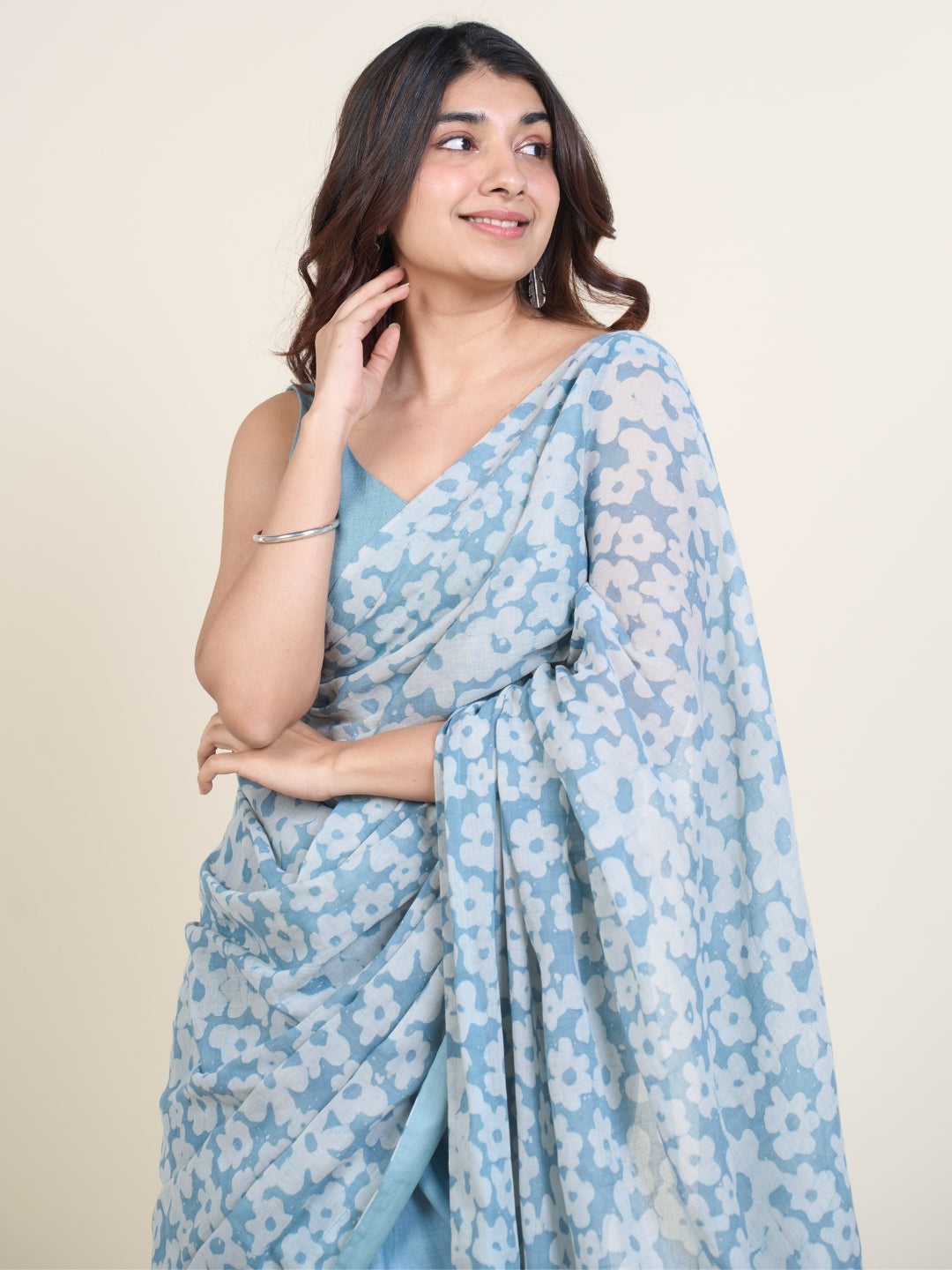 Warisha Blue Batik Hand Block Print Mul Cotton Saree with Embroidery