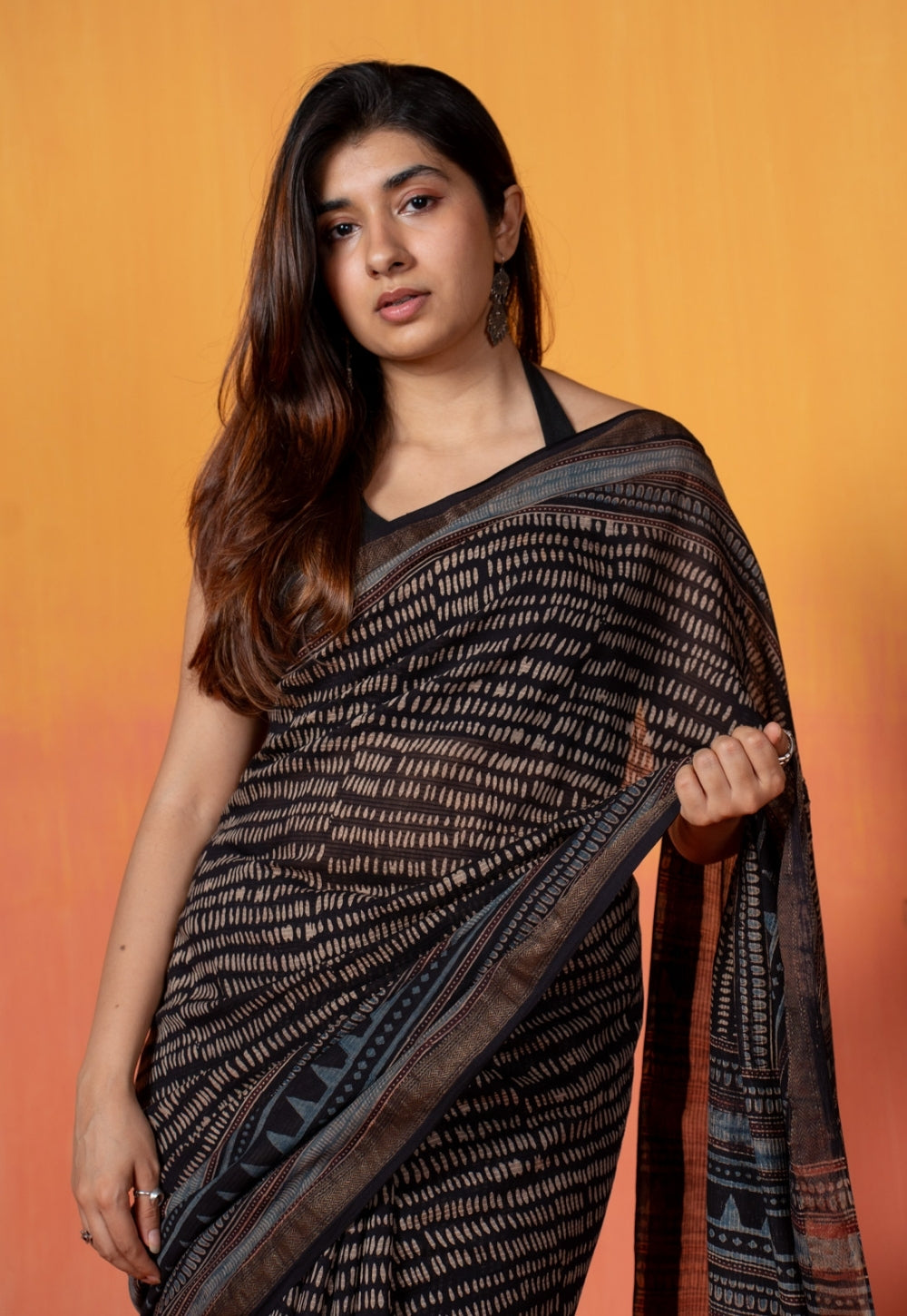 Black Objects Ajrakh Hand Block Print Maheshwari Saree
