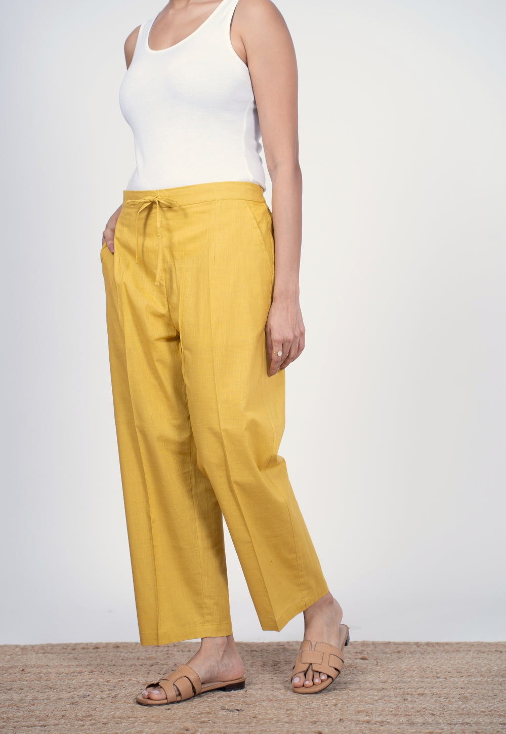 Yashi Yellow Solid Slub Cotton Straight Palazzo Pant