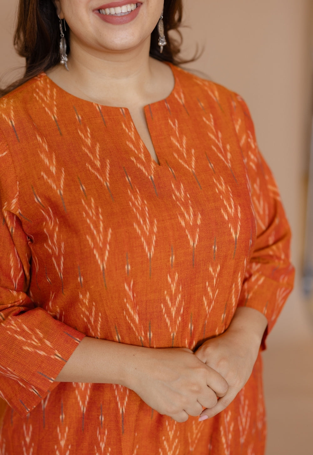 Geet Orange Handloom Ikkat Cotton A Line Kurta