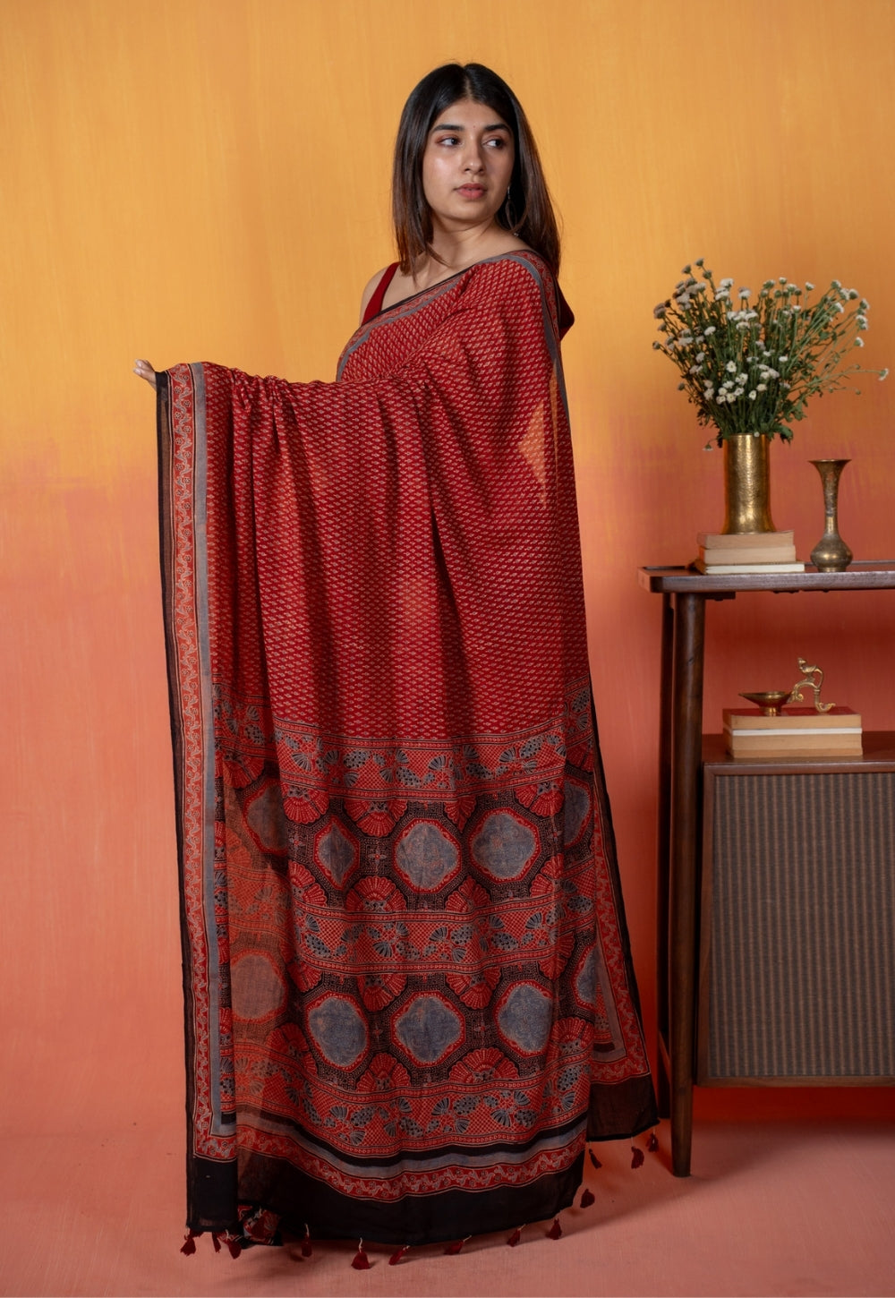 Red Mug Butti Ajrakh Hand Block Print Mul Saree
