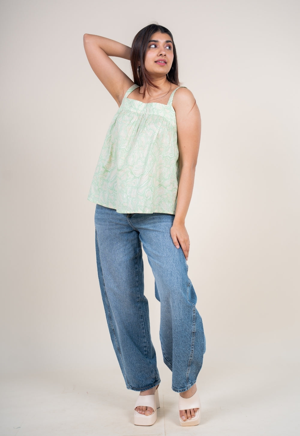 Sumin Mint Green Printed Cotton Straight Short Top
