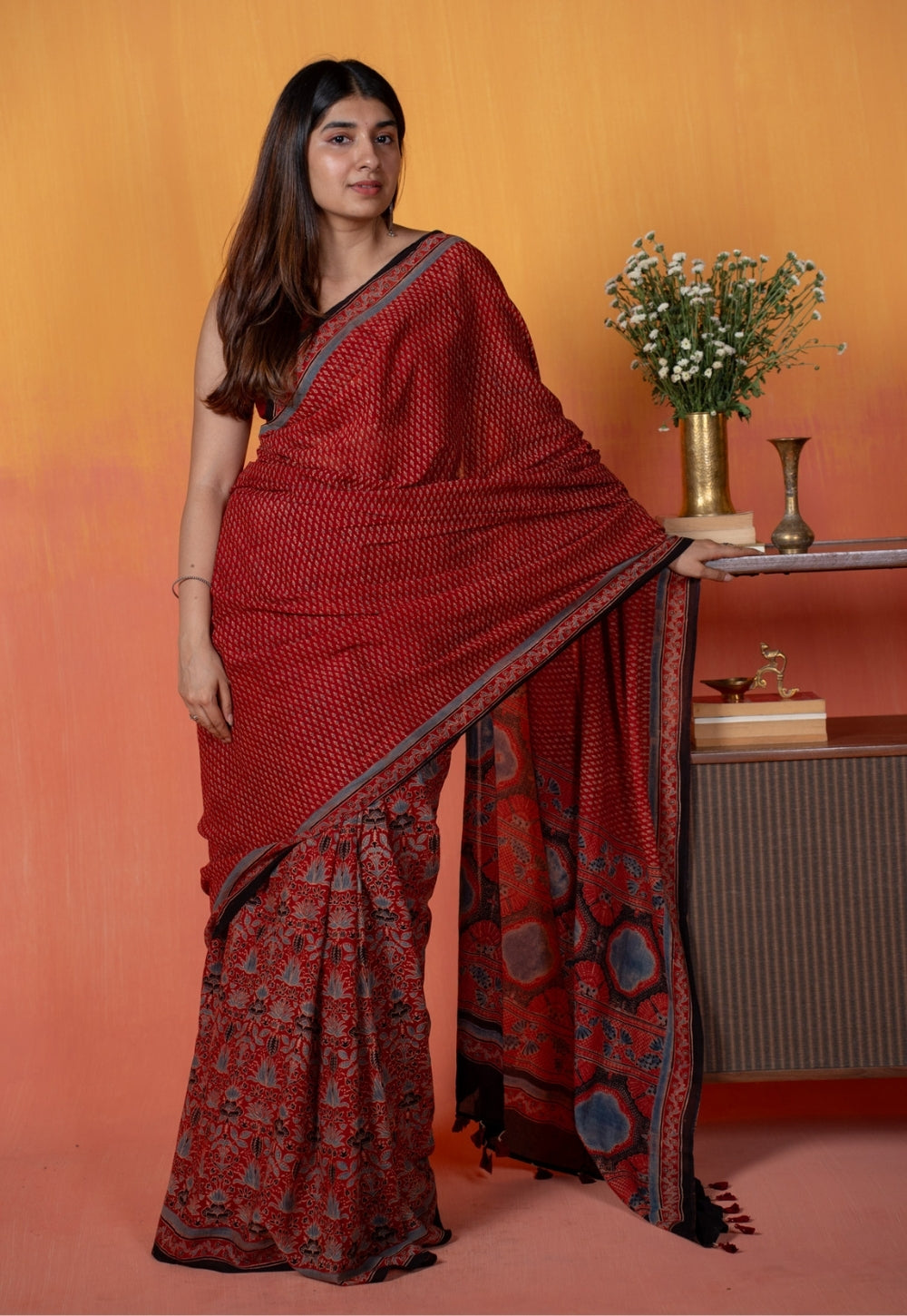 Red Mug Butti Ajrakh Hand Block Print Mul Saree