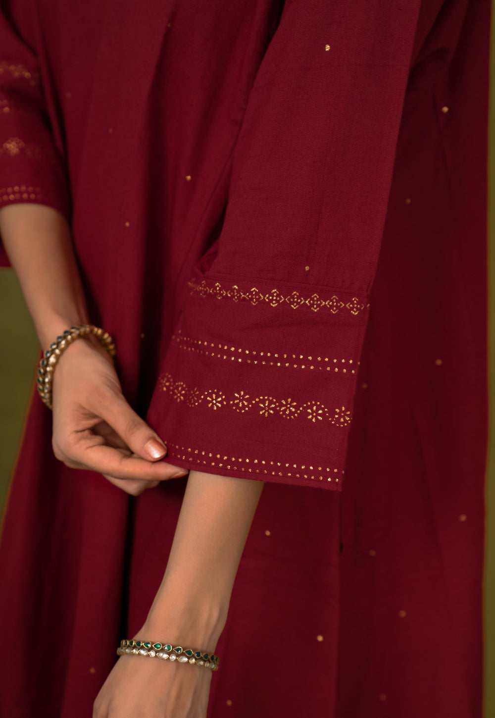 Iqra Red Rogan Handblock Printed Slub Cotton Jhabbha Kali Suit Set (Set of 3)