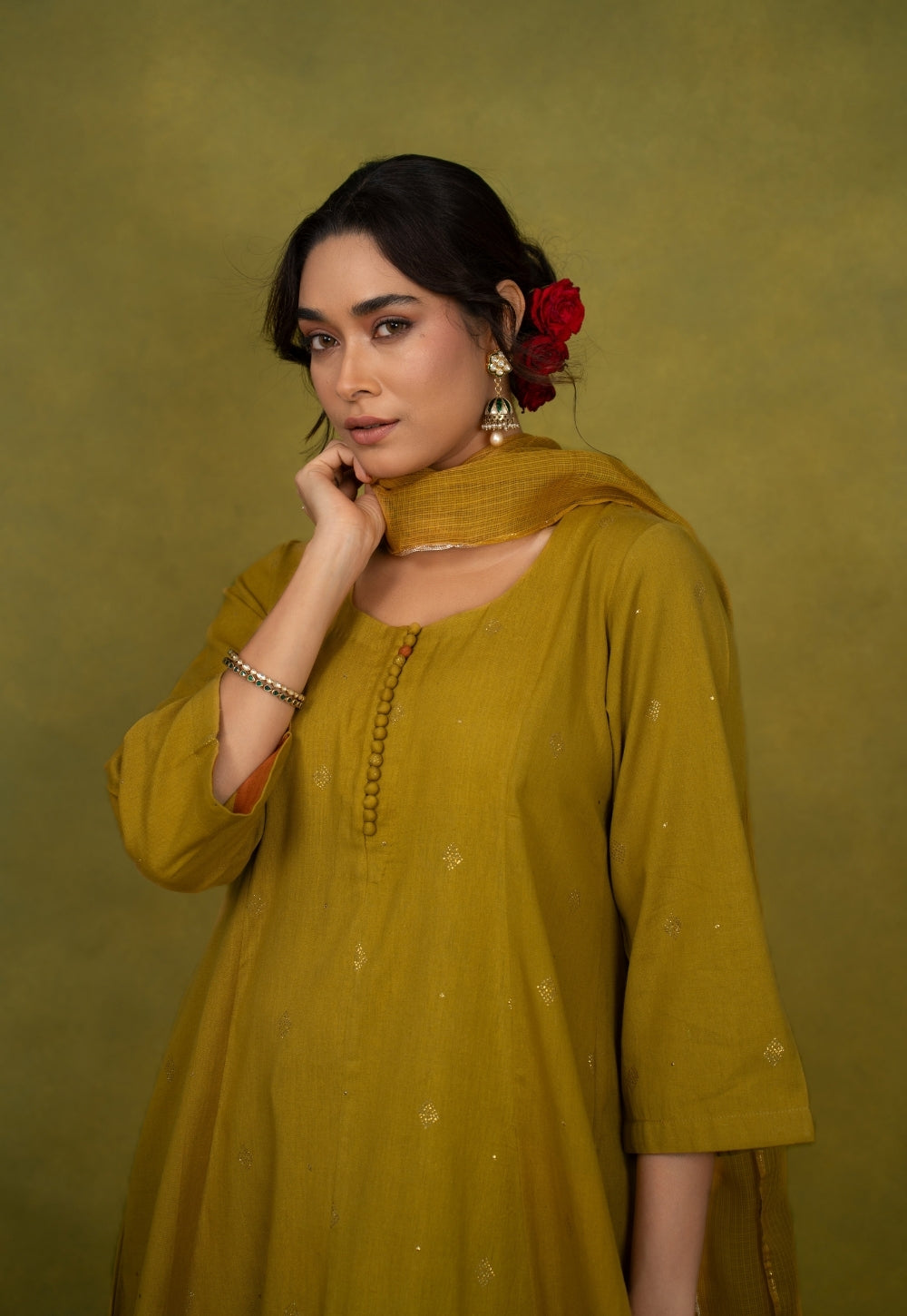 Maryam Yellow Rogan Handblock Printed Cotton Kali Kurta Suit Set (Set of 3)