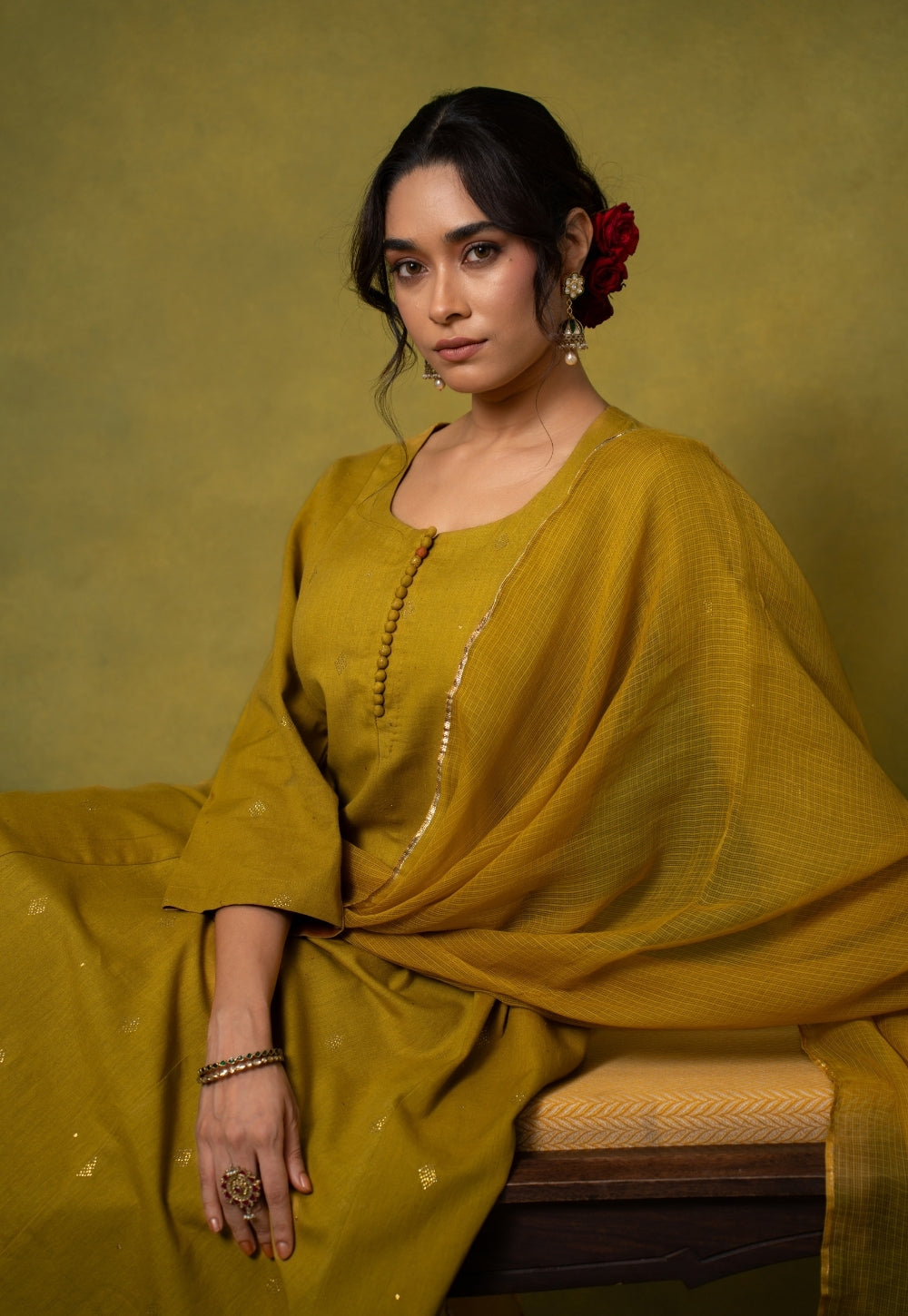 Maryam Yellow Rogan Handblock Printed Cotton Kali Kurta Suit Set (Set of 3)