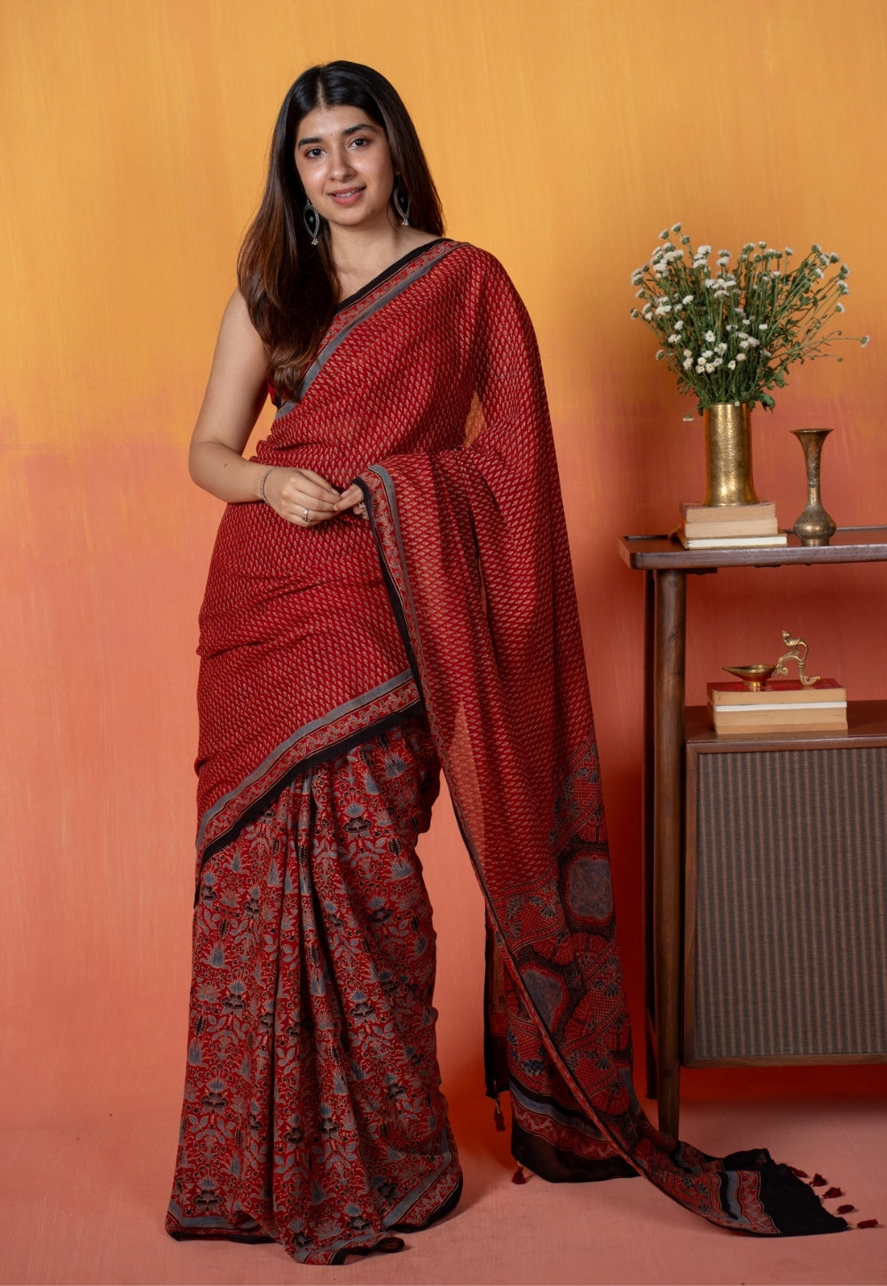 Red Mug Butti Ajrakh Hand Block Print Mul Saree