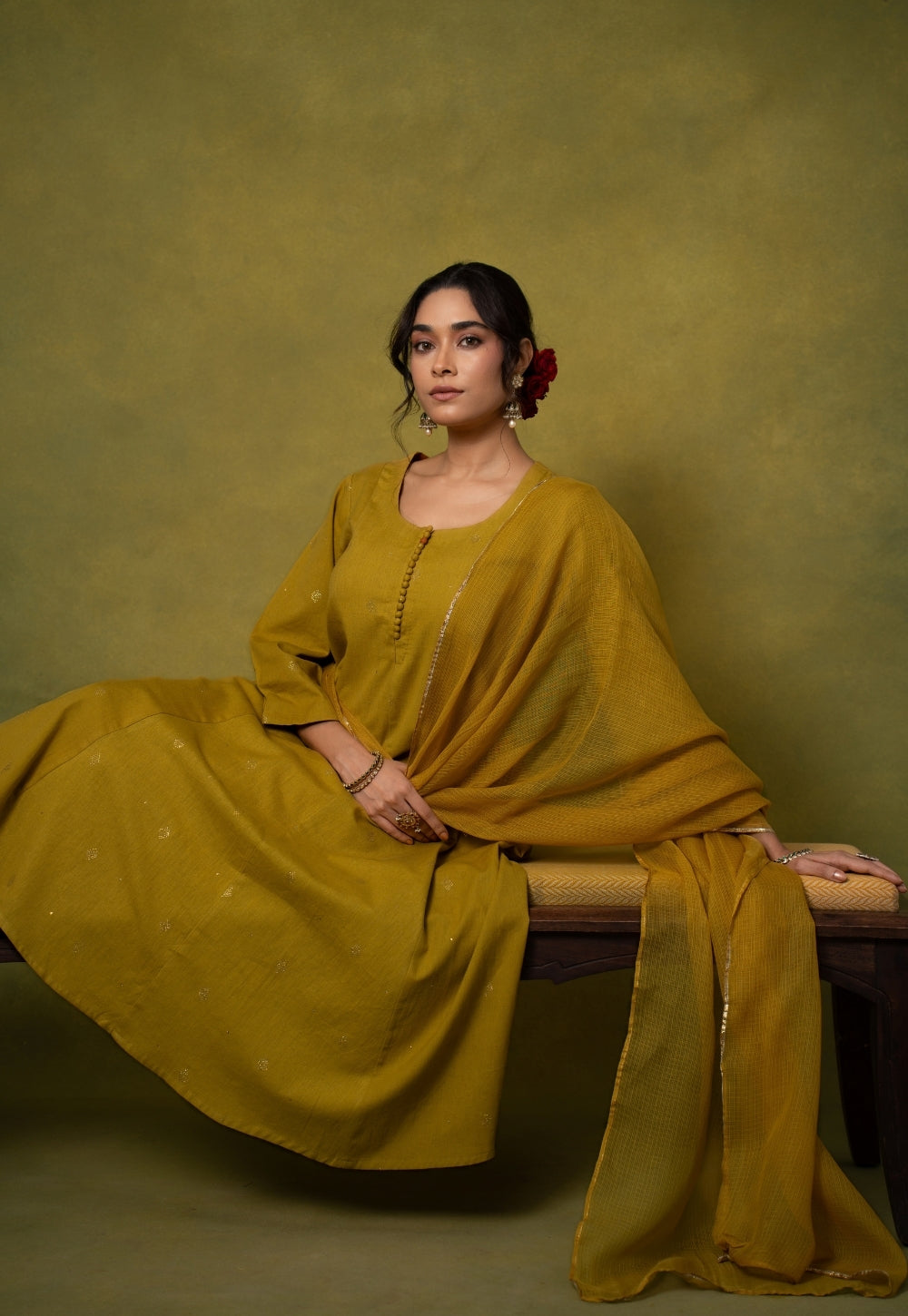 Maryam Yellow Rogan Handblock Printed Cotton Kali Kurta Suit Set (Set of 3)