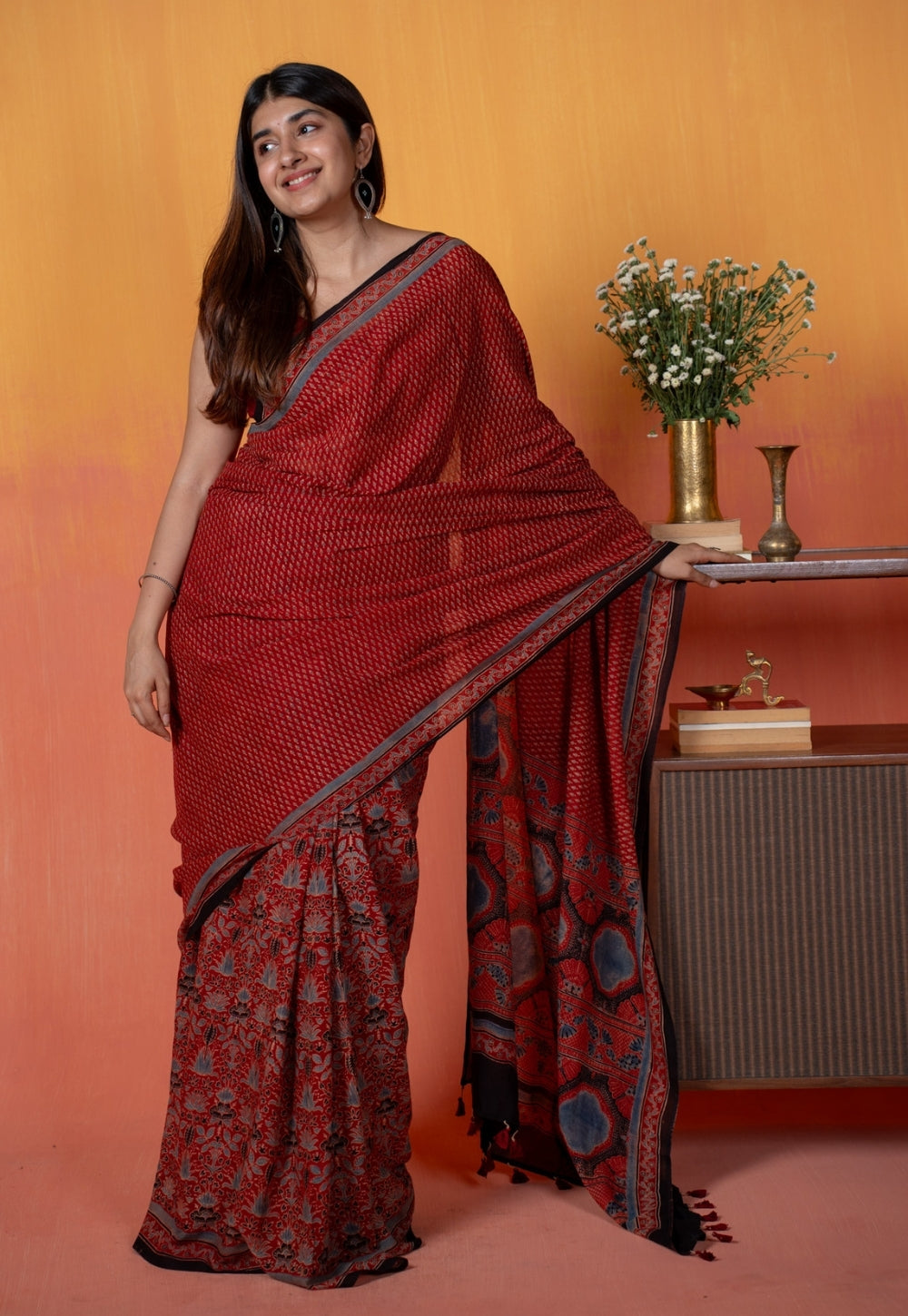 Red Mug Butti Ajrakh Hand Block Print Mul Saree
