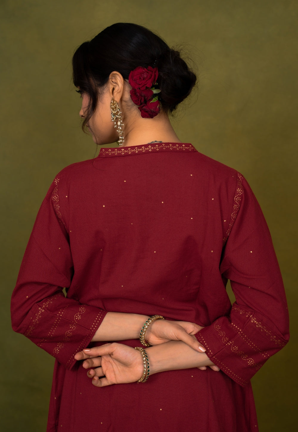 Iqra Red Rogan Handblock Printed Slub Cotton Jhabbha Kali Suit Set (Set of 3)
