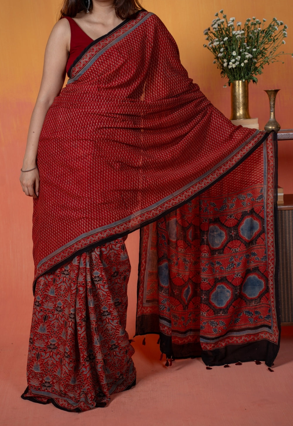 Red Mug Butti Ajrakh Hand Block Print Mul Saree