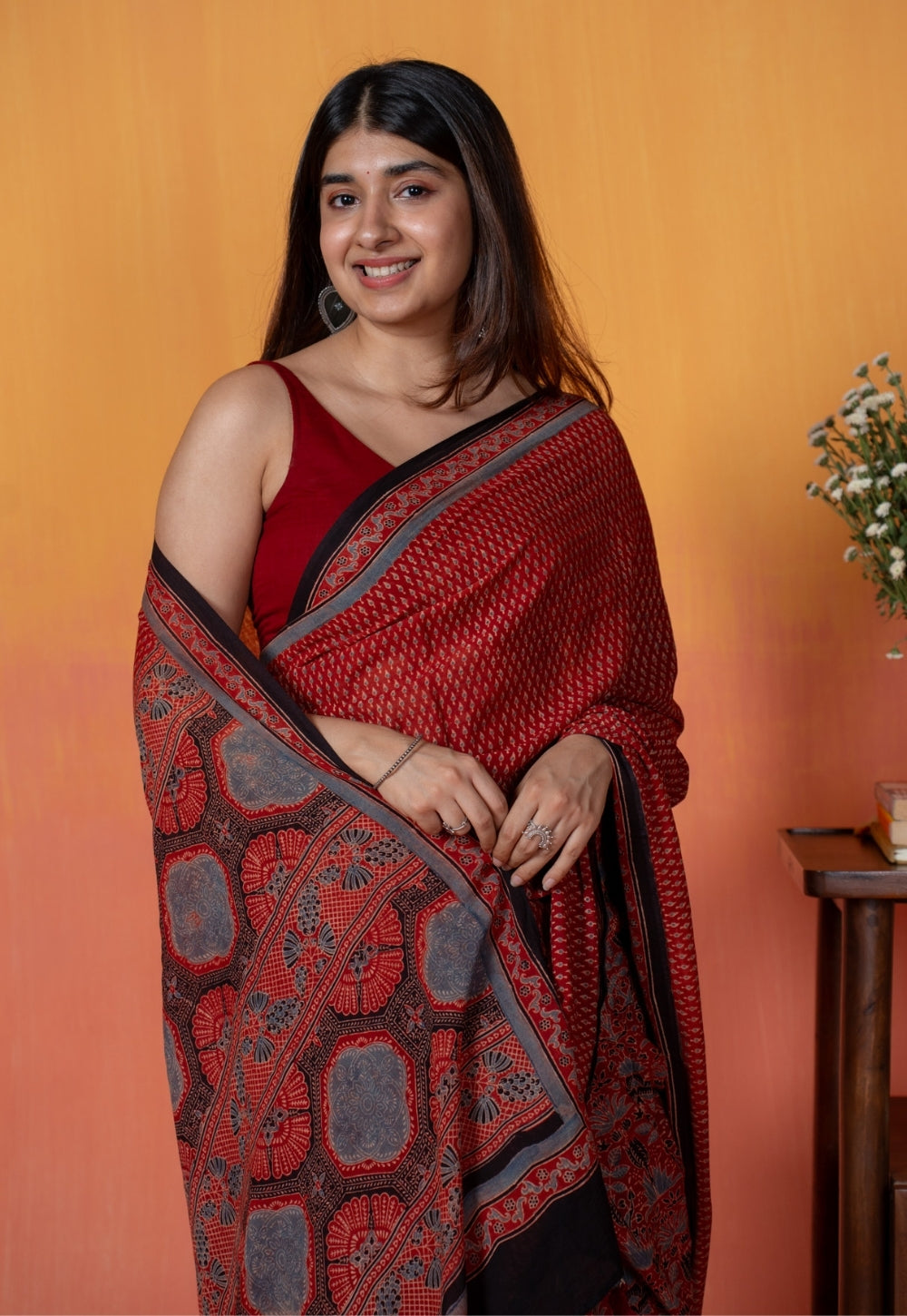 Red Mug Butti Ajrakh Hand Block Print Mul Saree