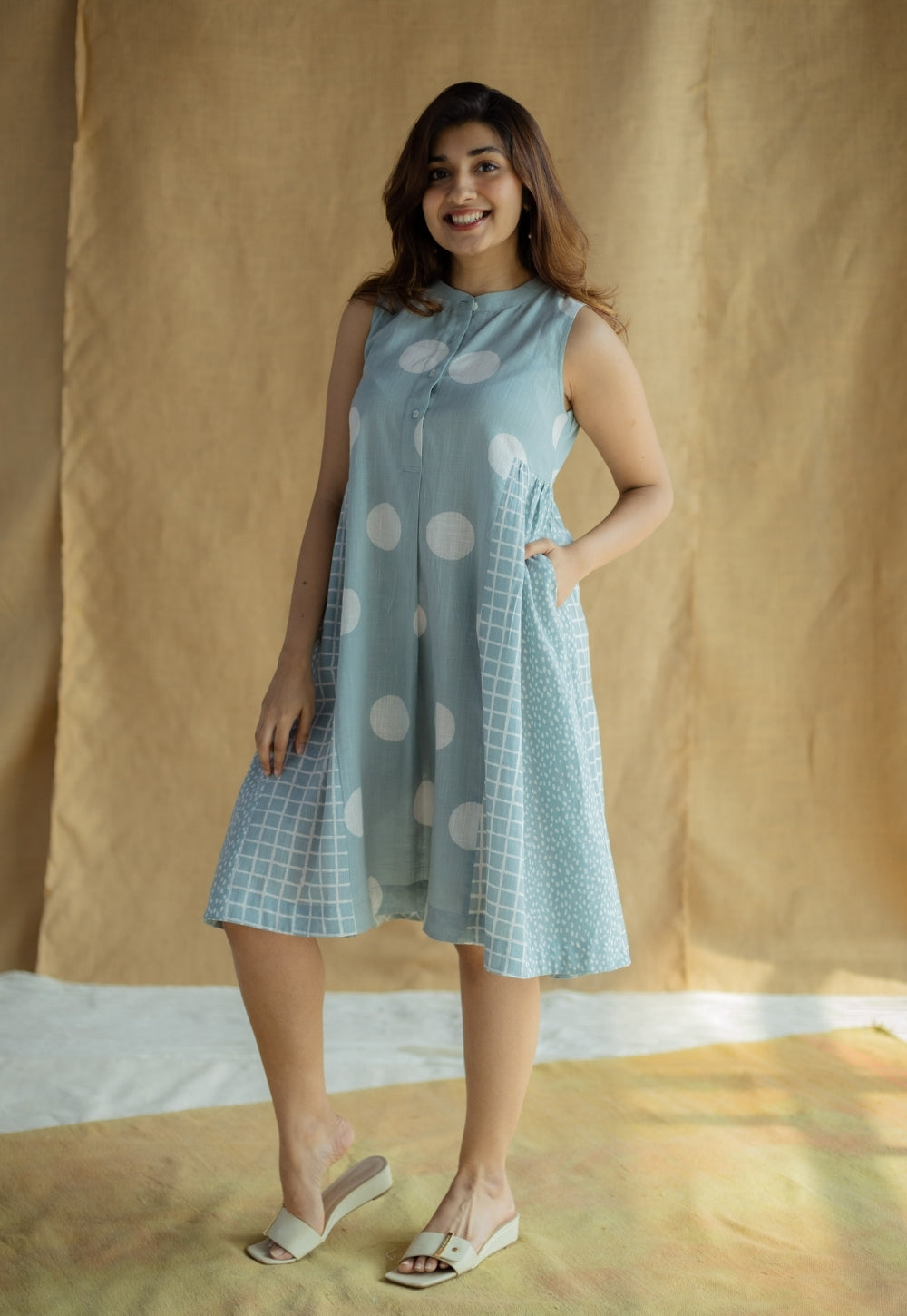 Fariyah Sky Blue Hand Block Print Slub Cotton A Line Dress