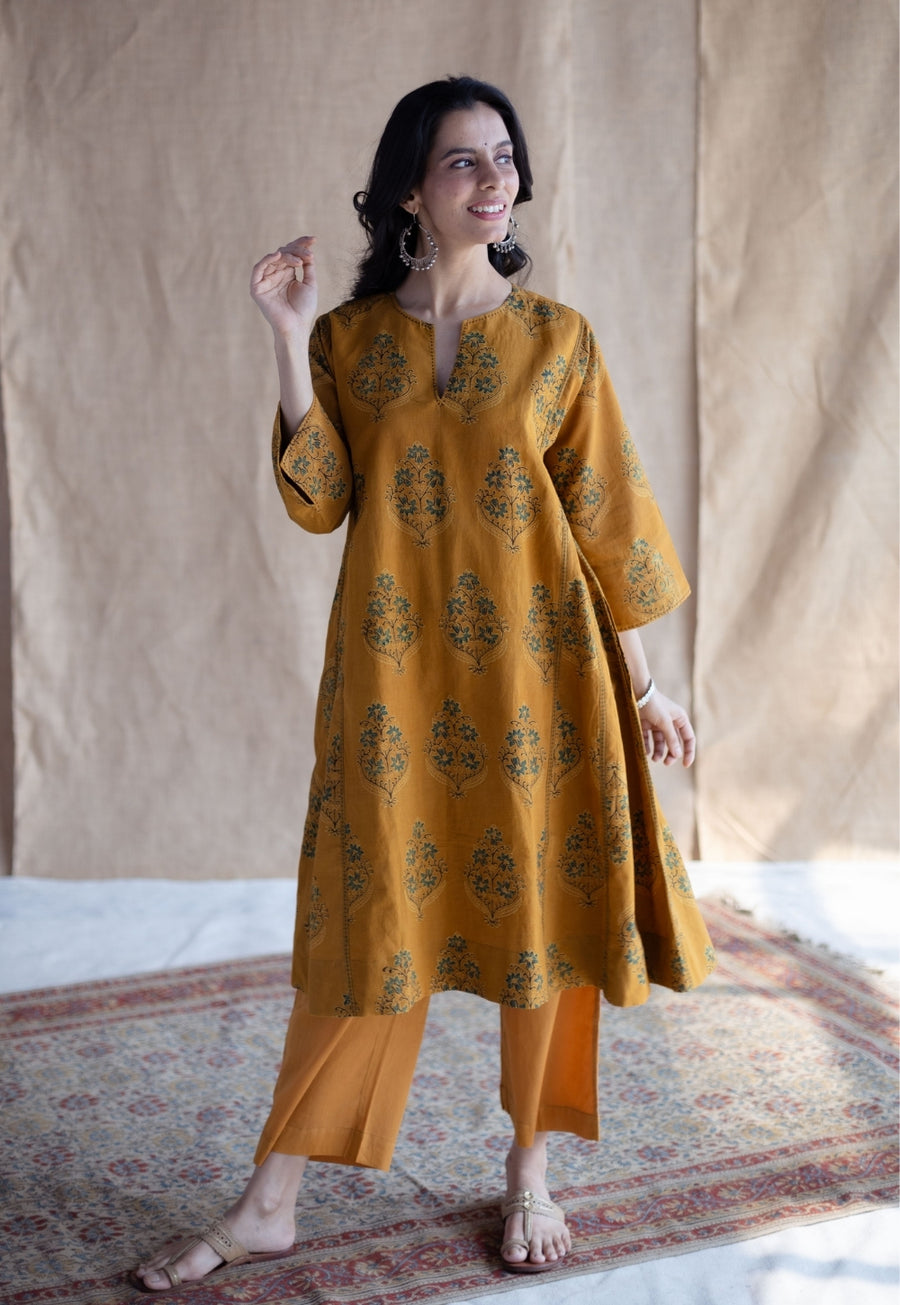 Trisha Mustard Ajrakh Cotton Jhabbha Kali Kurta with Hand Embroidery