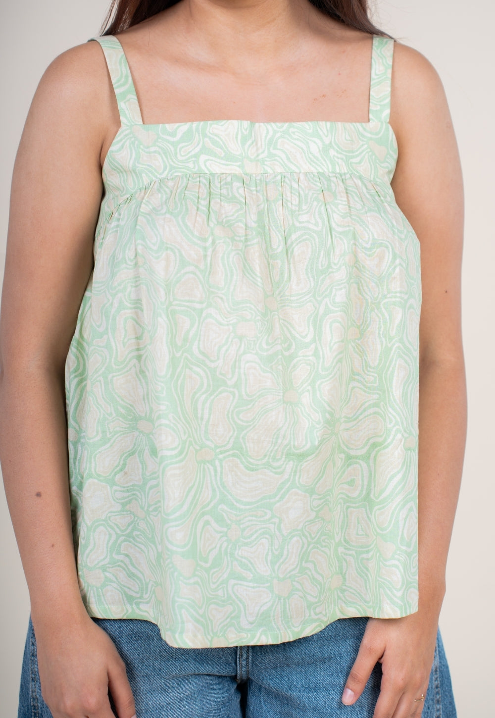 Sumin Mint Green Printed Cotton Straight Short Top