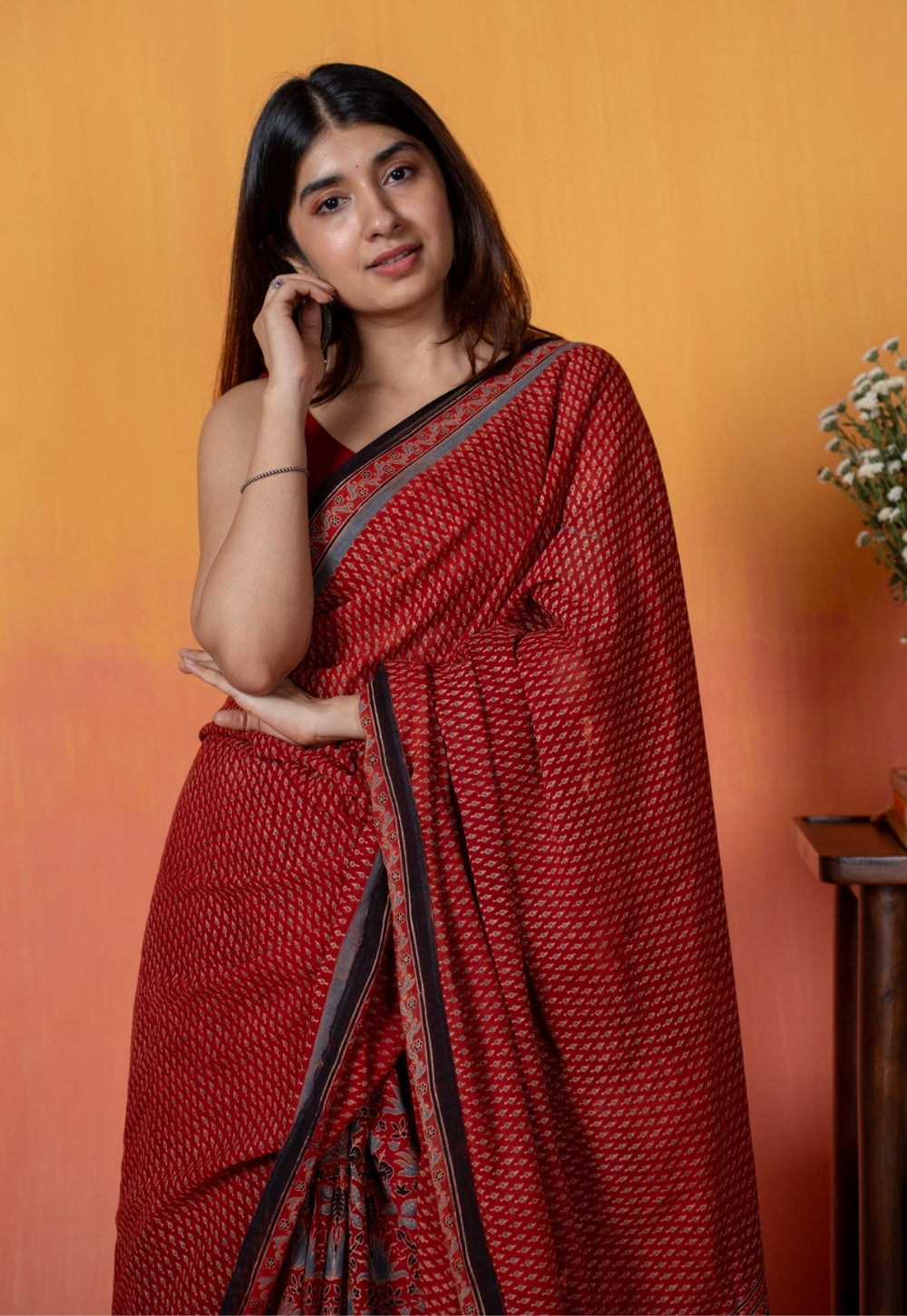 Red Mug Butti Ajrakh Hand Block Print Mul Saree