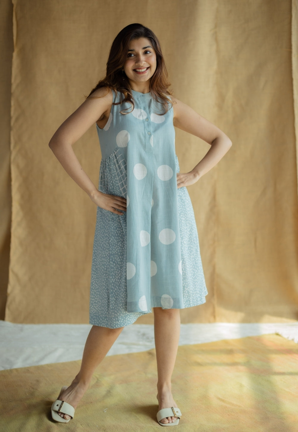 Fariyah Sky Blue Hand Block Print Slub Cotton A Line Dress