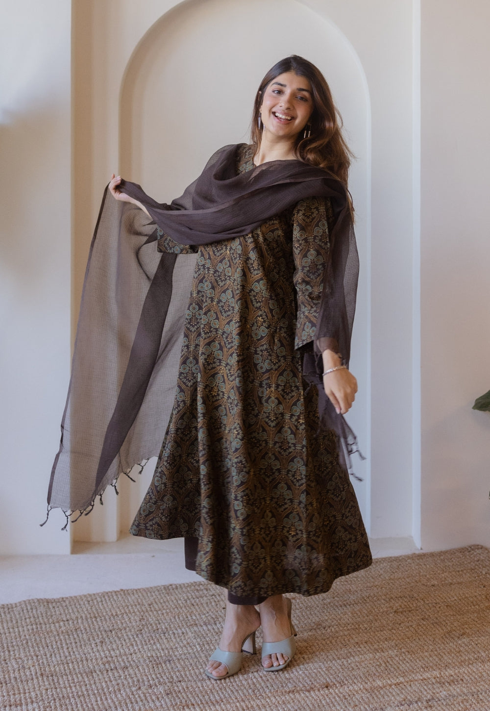 Nyra Brown Ajrakh Cotton Jhabbha Kali Kurta