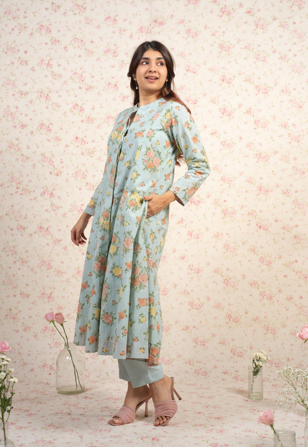 Prita Blue Solid Cotton Flex Narrow Pant