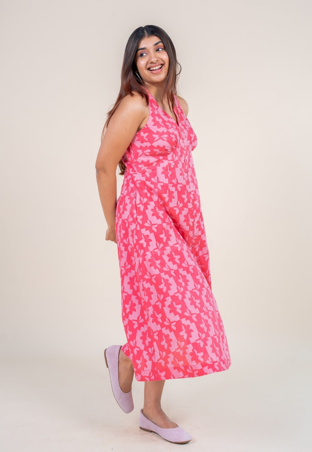 Riva Bright Pink Printed Cotton A Line Dress