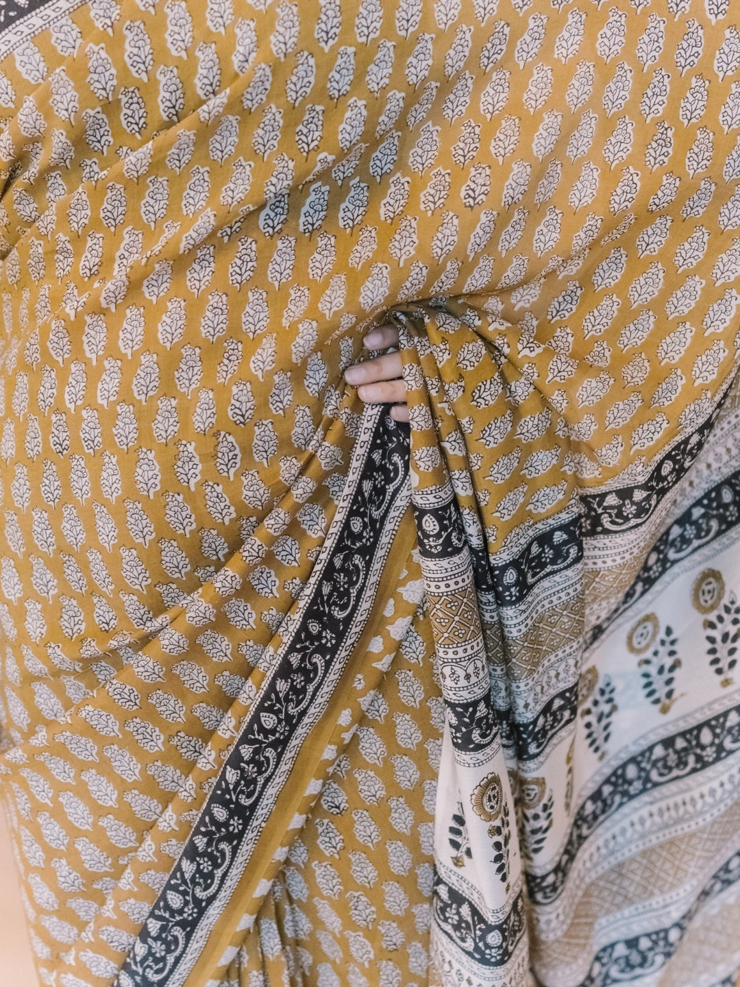 Yellow Butti Bagru Hand Block Print Modal Saree