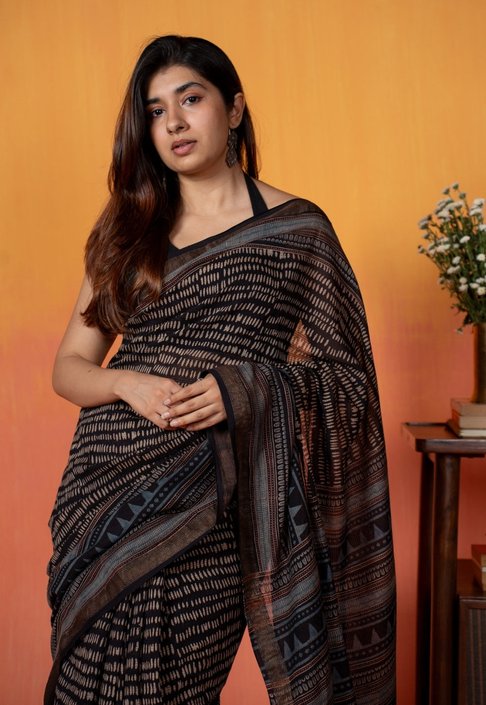 Black Objects Ajrakh Hand Block Print Maheshwari Saree
