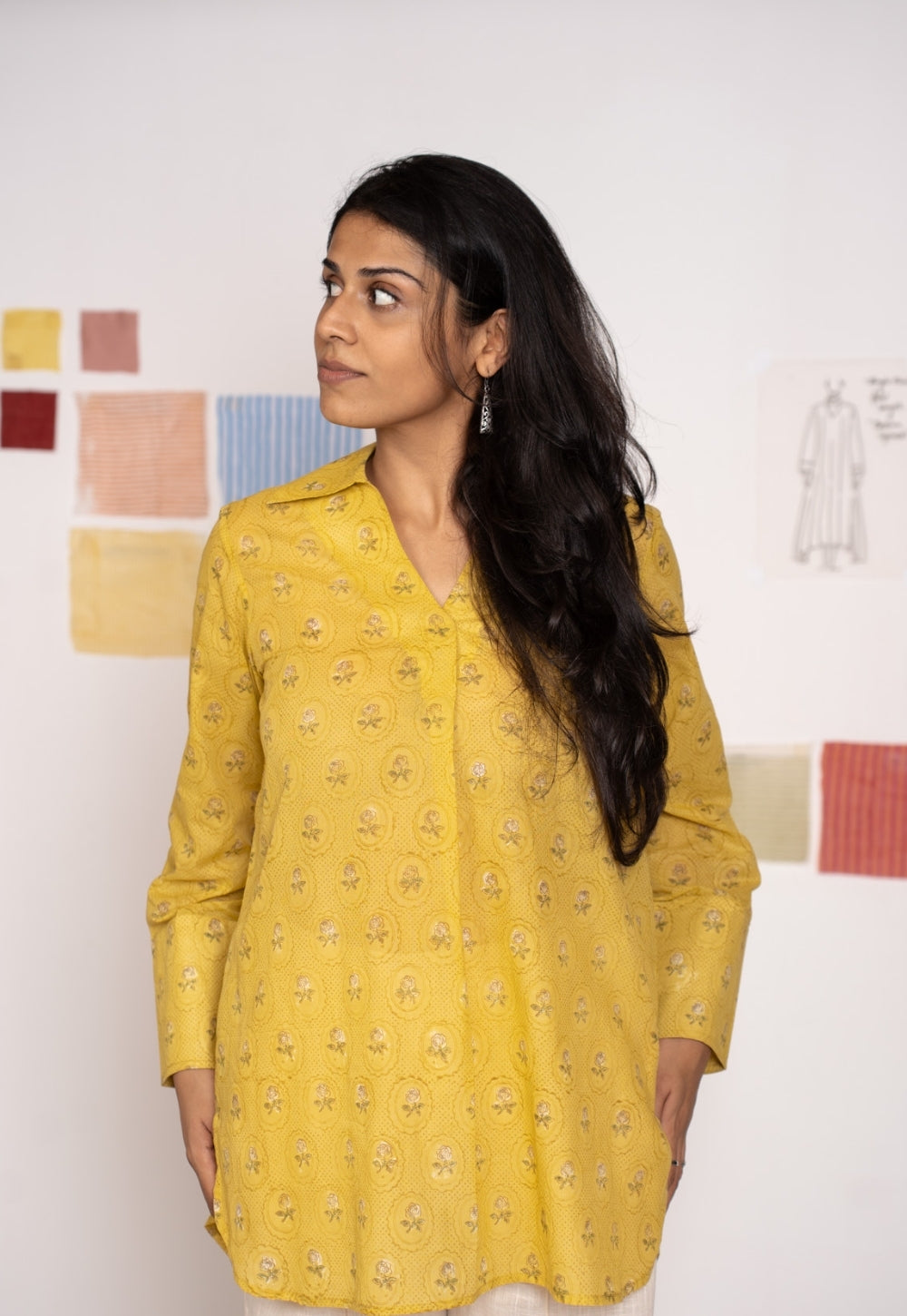 Zohal Yellow Sanganeri Mul Cotton Straight Short Top